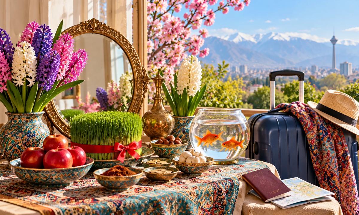 سفره هفت‌سین نوروز کنار چمدان سفر