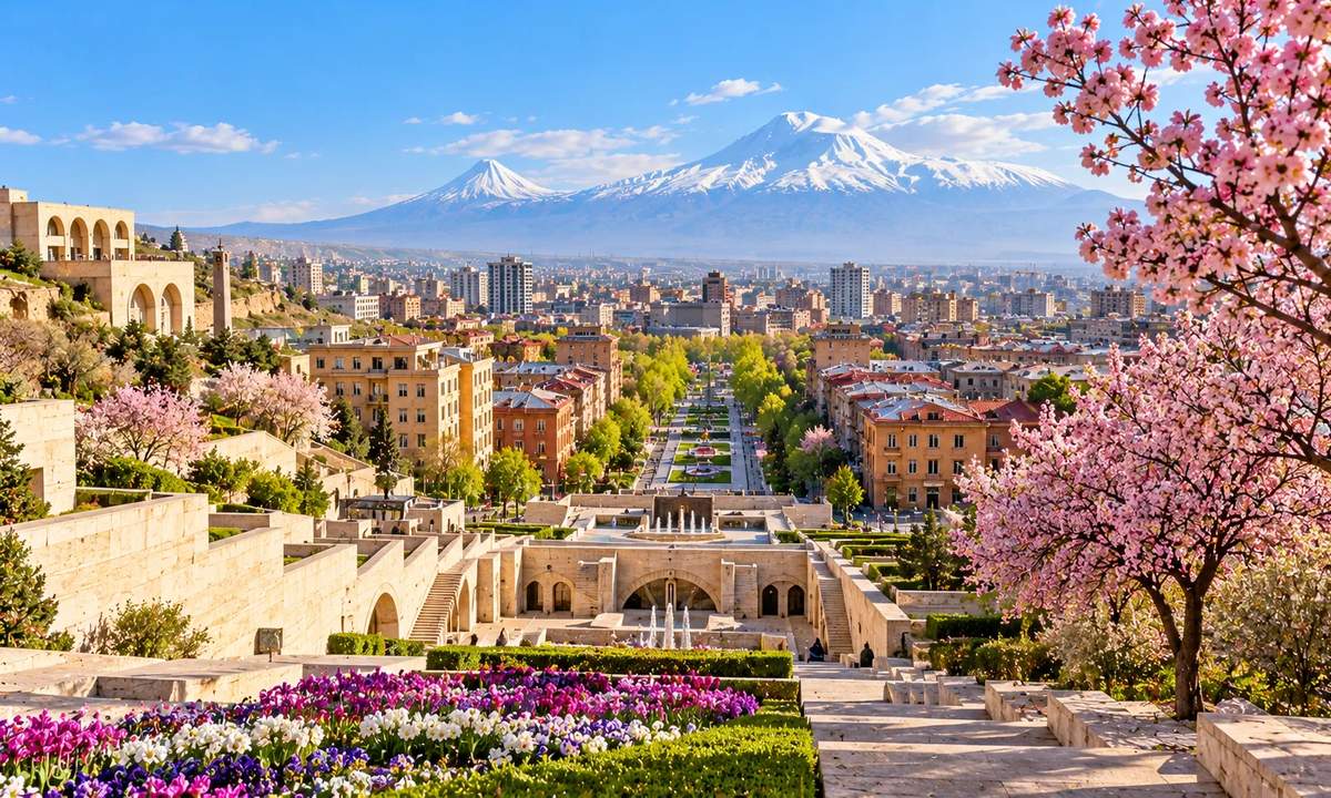 مجموعه کاسکاد ایروان در بهار با کوه آرارات