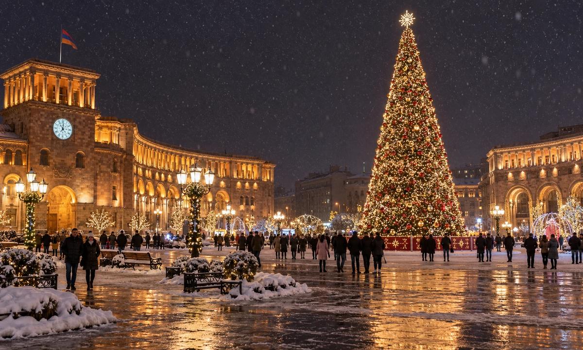 درخت کریسمس میدان جمهوری ایروان در شب سال نو